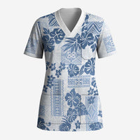Vintage Hawaii Scrub Top Hibiscus Tapa Tribal With Hawaiian Quilt Pattern Blue - Polynesian Pride