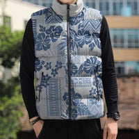 Vintage Hawaii Sleeveless Puffer Jacket Hibiscus Tapa Tribal With Hawaiian Quilt Pattern Blue - Polynesian Pride
