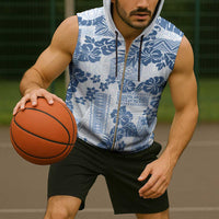 Vintage Hawaii Sleeveless Zip Hoodie Hibiscus Tapa Tribal With Hawaiian Quilt Pattern Blue - Polynesian Pride