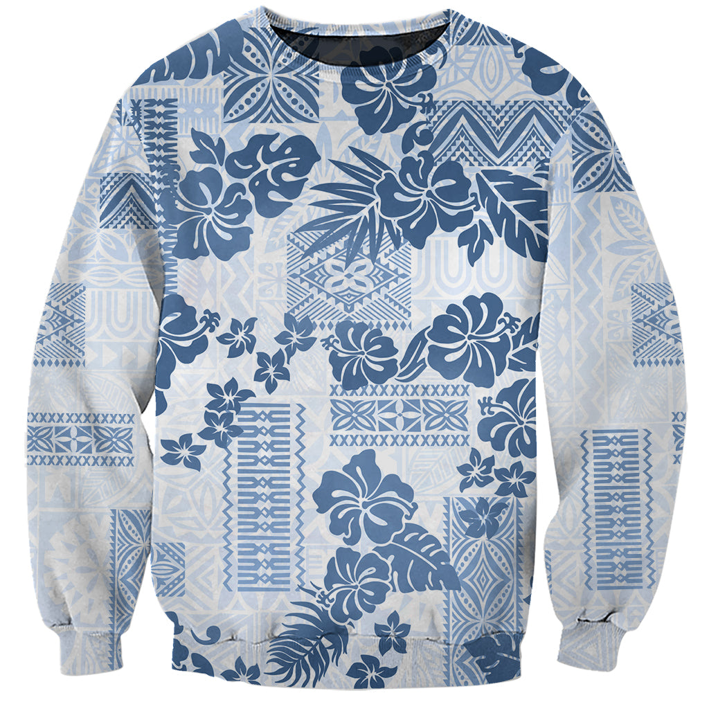 Vintage Hawaii Sweatshirt Hibiscus Tapa Tribal With Hawaiian Quilt Pattern Blue LT9 Unisex Blue - Polynesian Pride