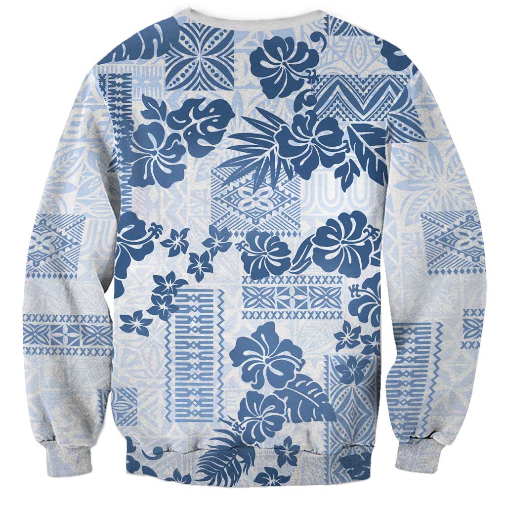 Vintage Hawaii Sweatshirt Hibiscus Tapa Tribal With Hawaiian Quilt Pattern Blue LT9