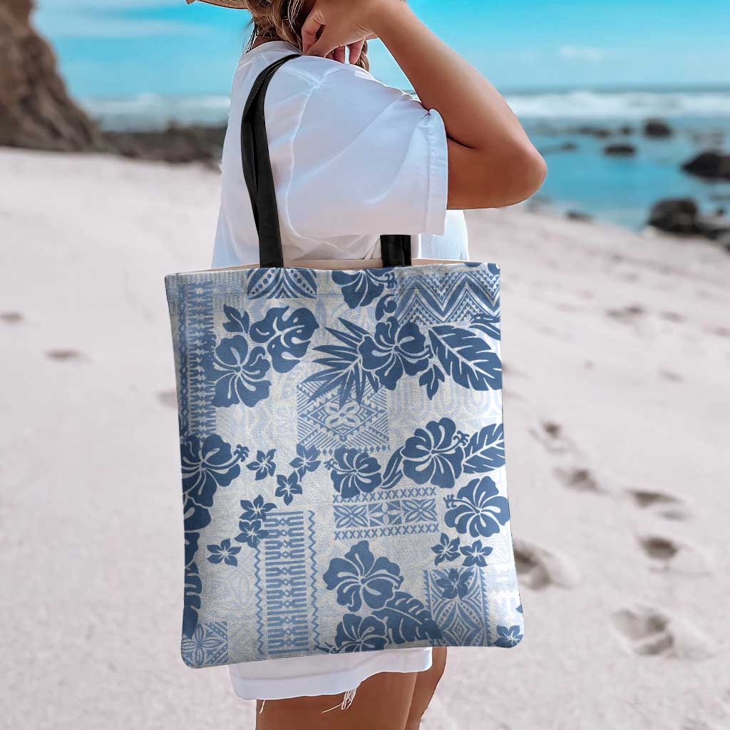 Vintage Hawaii Tote Bag Hibiscus Tapa Tribal With Hawaiian Quilt Pattern Blue - Polynesian Pride