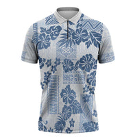 Vintage Hawaii Zipper Polo Shirt Hibiscus Tapa Tribal With Hawaiian Quilt Pattern Blue - Polynesian Pride