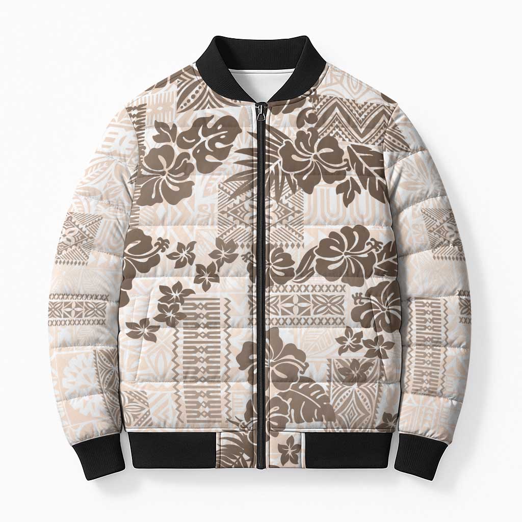 Vintage Hawaii Bomber Puffer Jacket Hibiscus Tapa Tribal With Hawaiian Quilt Pattern Gold - Polynesian Pride