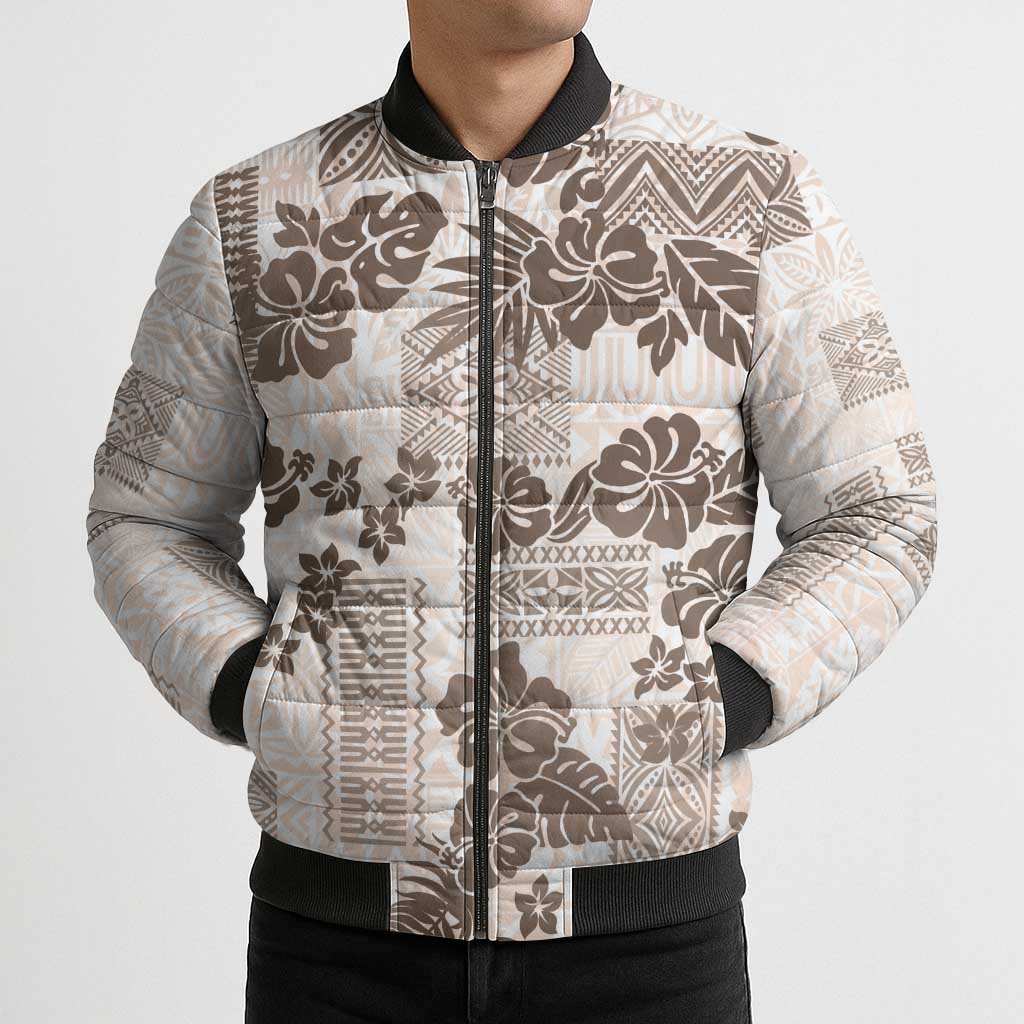 Vintage Hawaii Bomber Puffer Jacket Hibiscus Tapa Tribal With Hawaiian Quilt Pattern Gold - Polynesian Pride