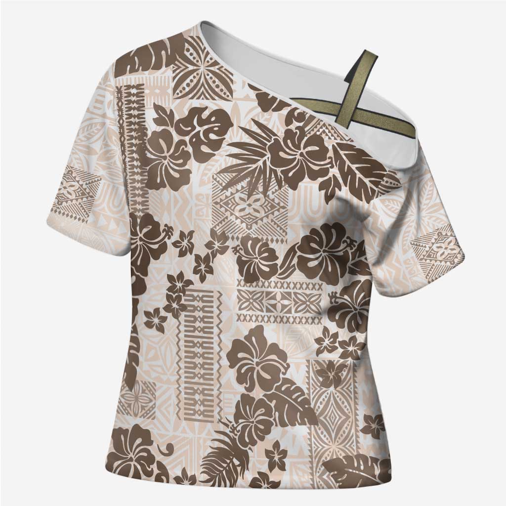 Vintage Hawaii Cross Shoulder Shirt Hibiscus Tapa Tribal With Hawaiian Quilt Pattern Gold - Polynesian Pride