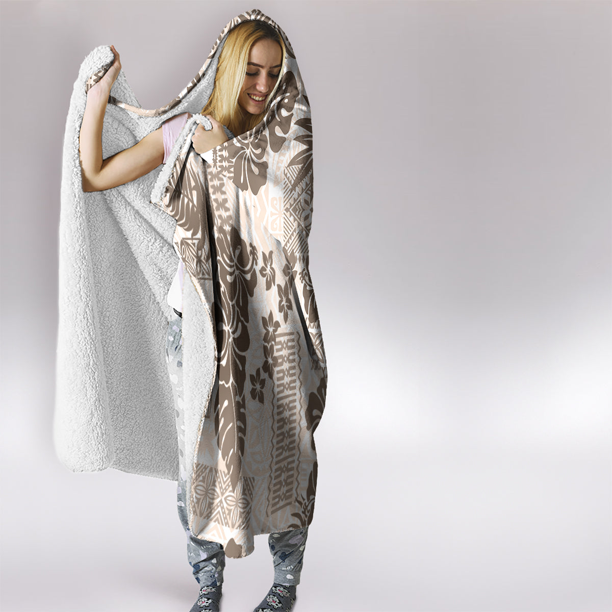 Vintage Hawaii Hooded Blanket Hibiscus Tapa Tribal With Hawaiian Quilt Pattern Gold LT9 - Polynesian Pride