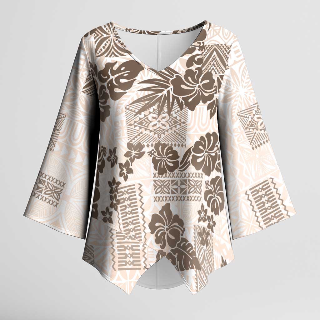 Vintage Hawaii Kimono Sleeve Blouse Hibiscus Tapa Tribal With Hawaiian Quilt Pattern Gold - Polynesian Pride