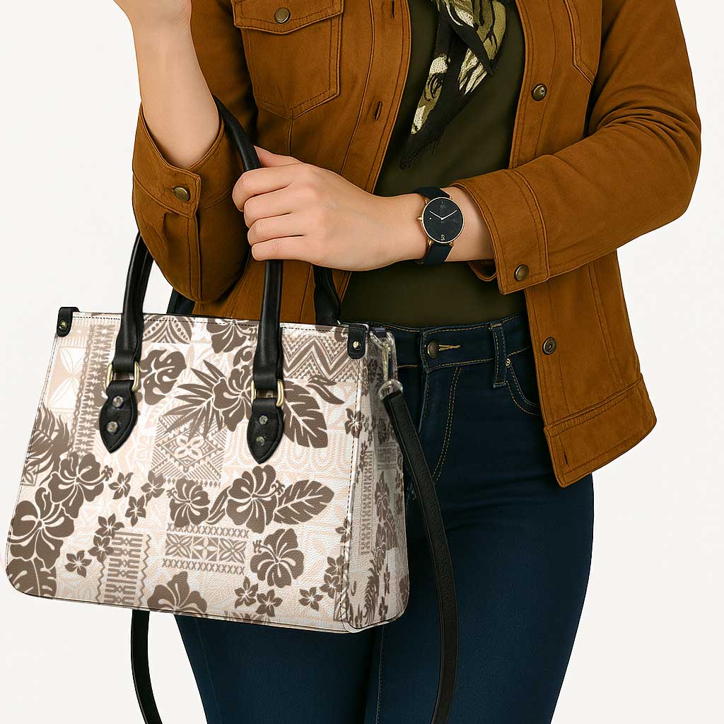 Vintage Hawaii Leather Bag Hibiscus Tapa Tribal With Hawaiian Quilt Pattern Gold - Polynesian Pride