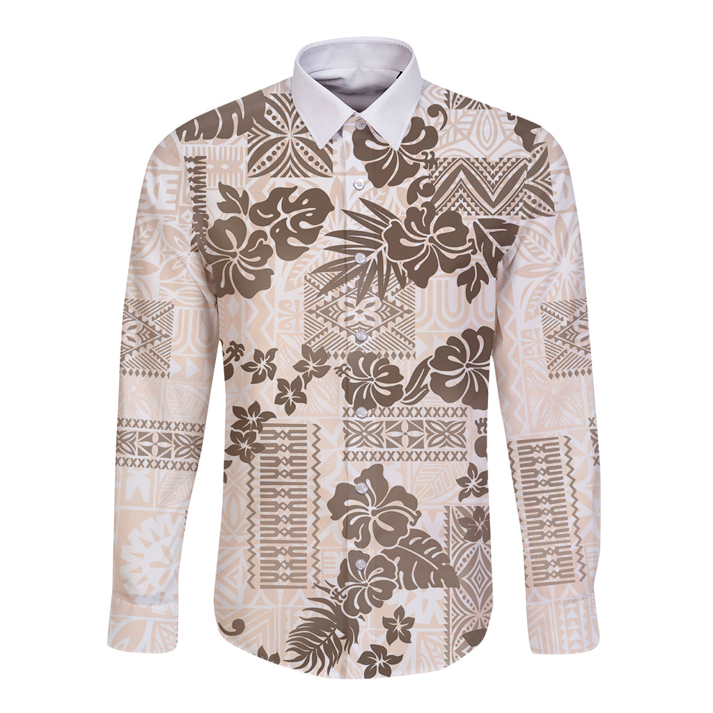 Vintage Hawaii Long Sleeve Button Shirt Hibiscus Tapa Tribal With Hawaiian Quilt Pattern Gold LT9 Unisex Gold - Polynesian Pride