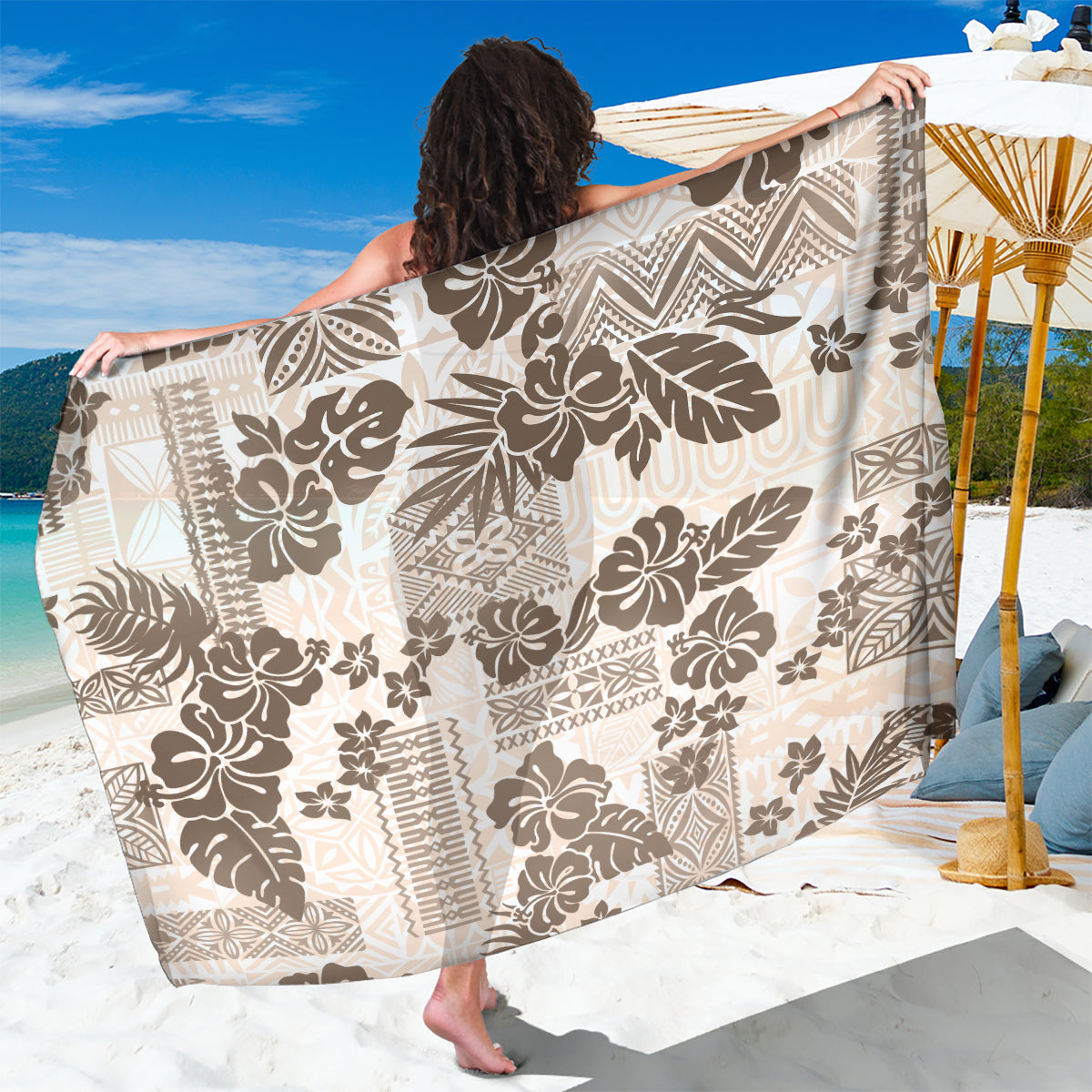 Vintage Hawaii Sarong Hibiscus Tapa Tribal With Hawaiian Quilt Pattern Gold LT9 One Size 44 x 66 inches Gold - Polynesian Pride