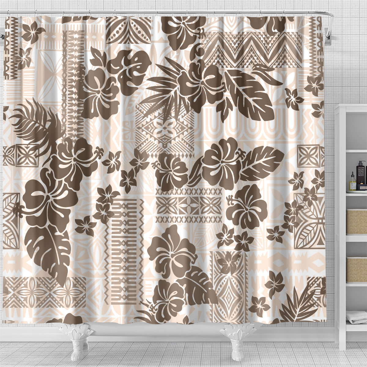 Vintage Hawaii Shower Curtain Hibiscus Tapa Tribal With Hawaiian Quilt Pattern Gold LT9 - Polynesian Pride