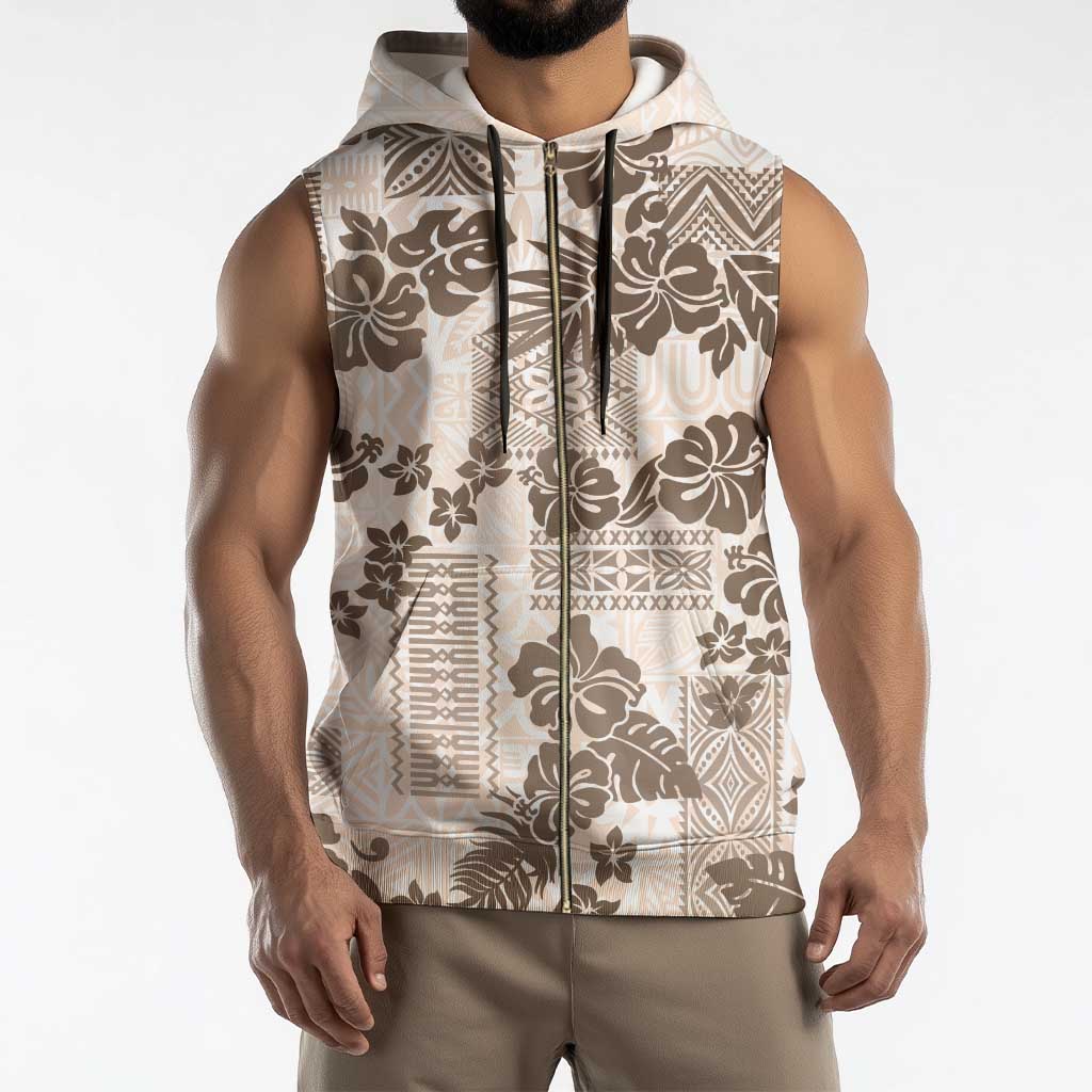 Vintage Hawaii Sleeveless Zip Hoodie Hibiscus Tapa Tribal With Hawaiian Quilt Pattern Gold - Polynesian Pride