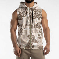 Vintage Hawaii Sleeveless Zip Hoodie Hibiscus Tapa Tribal With Hawaiian Quilt Pattern Gold - Polynesian Pride