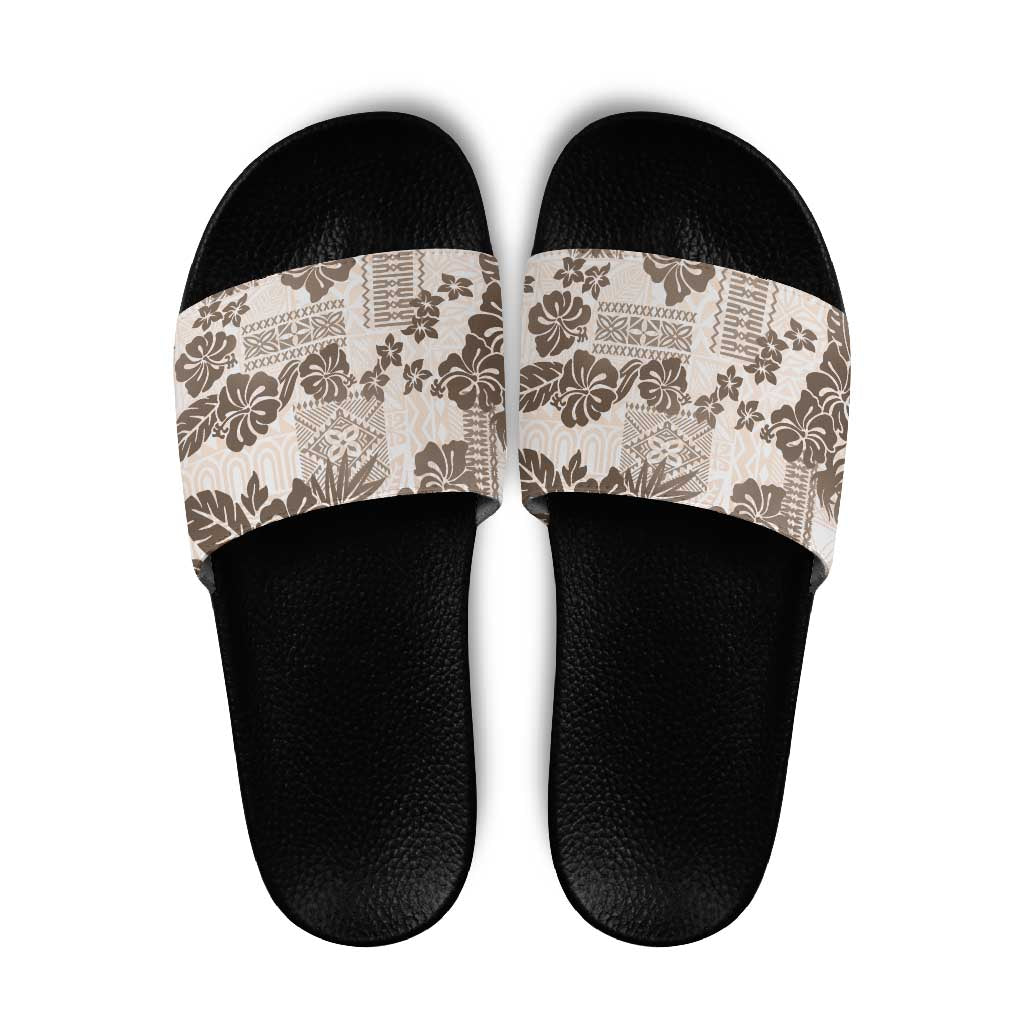 Vintage Hawaii Slide Sandals Hibiscus Tapa Tribal With Hawaiian Quilt Pattern Gold - Polynesian Pride