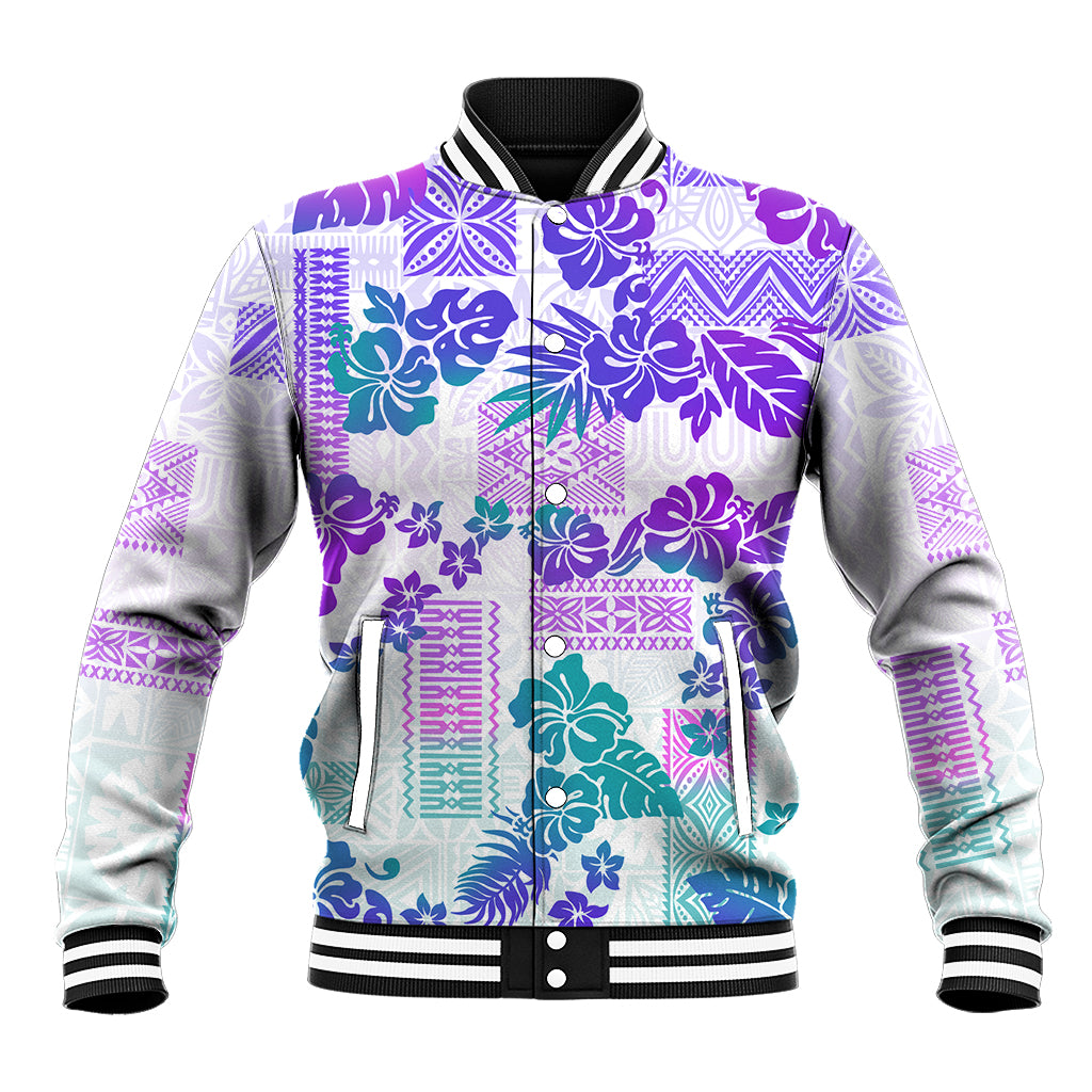 Vintage Hawaii Baseball Jacket Hibiscus Tapa Tribal With Hawaiian Quilt Pattern Purple LT9 Unisex Purple - Polynesian Pride