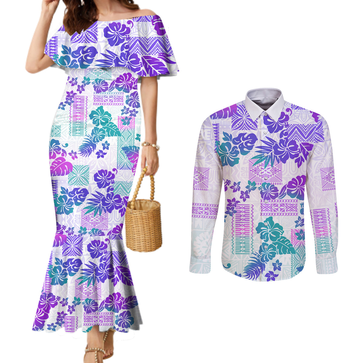 Vintage Hawaii Couples Matching Mermaid Dress and Long Sleeve Button Shirt Hibiscus Tapa Tribal With Hawaiian Quilt Pattern Purple LT9 Purple - Polynesian Pride