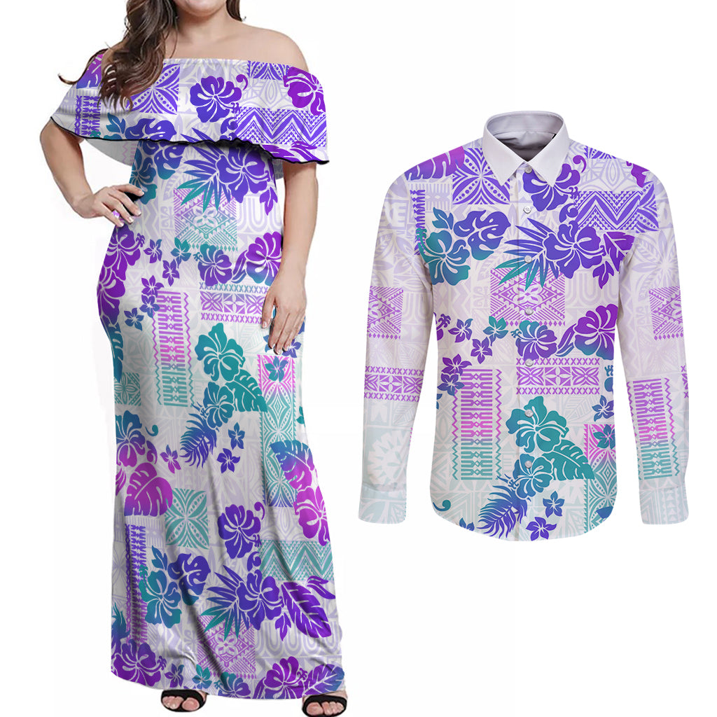 Vintage Hawaii Couples Matching Off Shoulder Maxi Dress and Long Sleeve Button Shirt Hibiscus Tapa Tribal With Hawaiian Quilt Pattern Purple LT9 Purple - Polynesian Pride