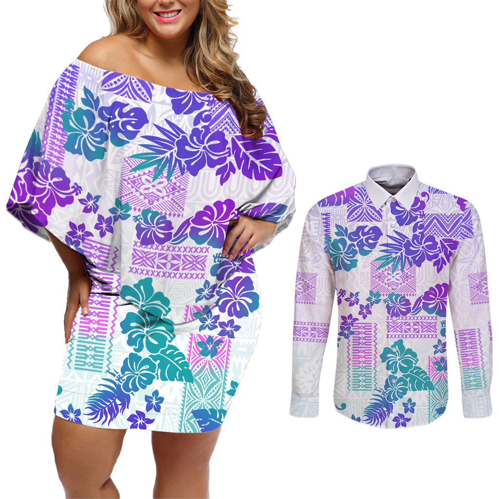 Vintage Hawaii Couples Matching Off Shoulder Short Dress and Long Sleeve Button Shirt Hibiscus Tapa Tribal With Hawaiian Quilt Pattern Purple LT9 Purple - Polynesian Pride