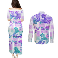 Vintage Hawaii Couples Matching Puletasi Dress and Long Sleeve Button Shirt Hibiscus Tapa Tribal With Hawaiian Quilt Pattern Purple LT9 - Polynesian Pride