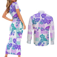 Vintage Hawaii Couples Matching Short Sleeve Bodycon Dress and Long Sleeve Button Shirt Hibiscus Tapa Tribal With Hawaiian Quilt Pattern Purple LT9 - Polynesian Pride