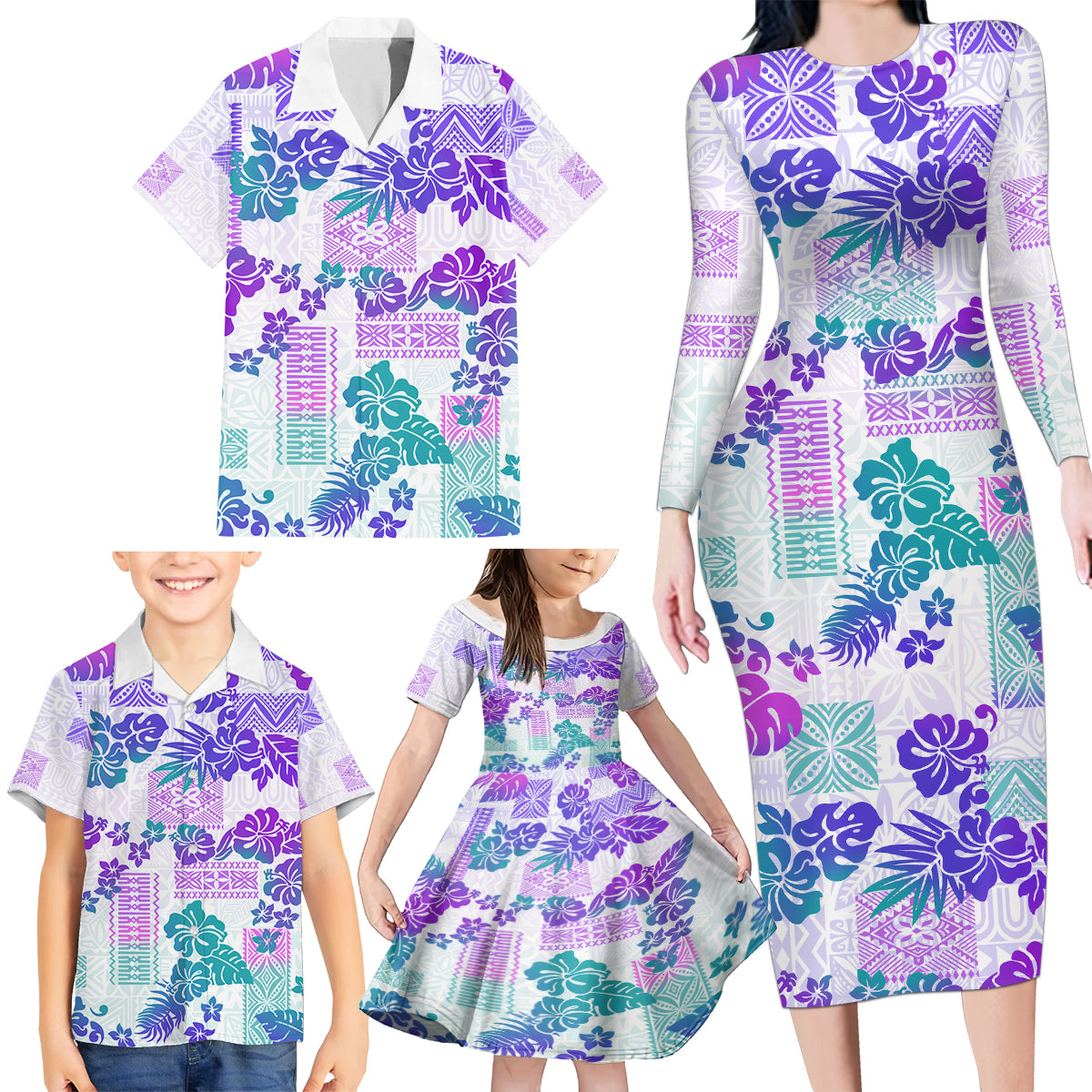 Vintage Hawaii Family Matching Long Sleeve Bodycon Dress and Hawaiian Shirt Hibiscus Tapa Tribal With Hawaiian Quilt Pattern Purple LT9 - Polynesian Pride