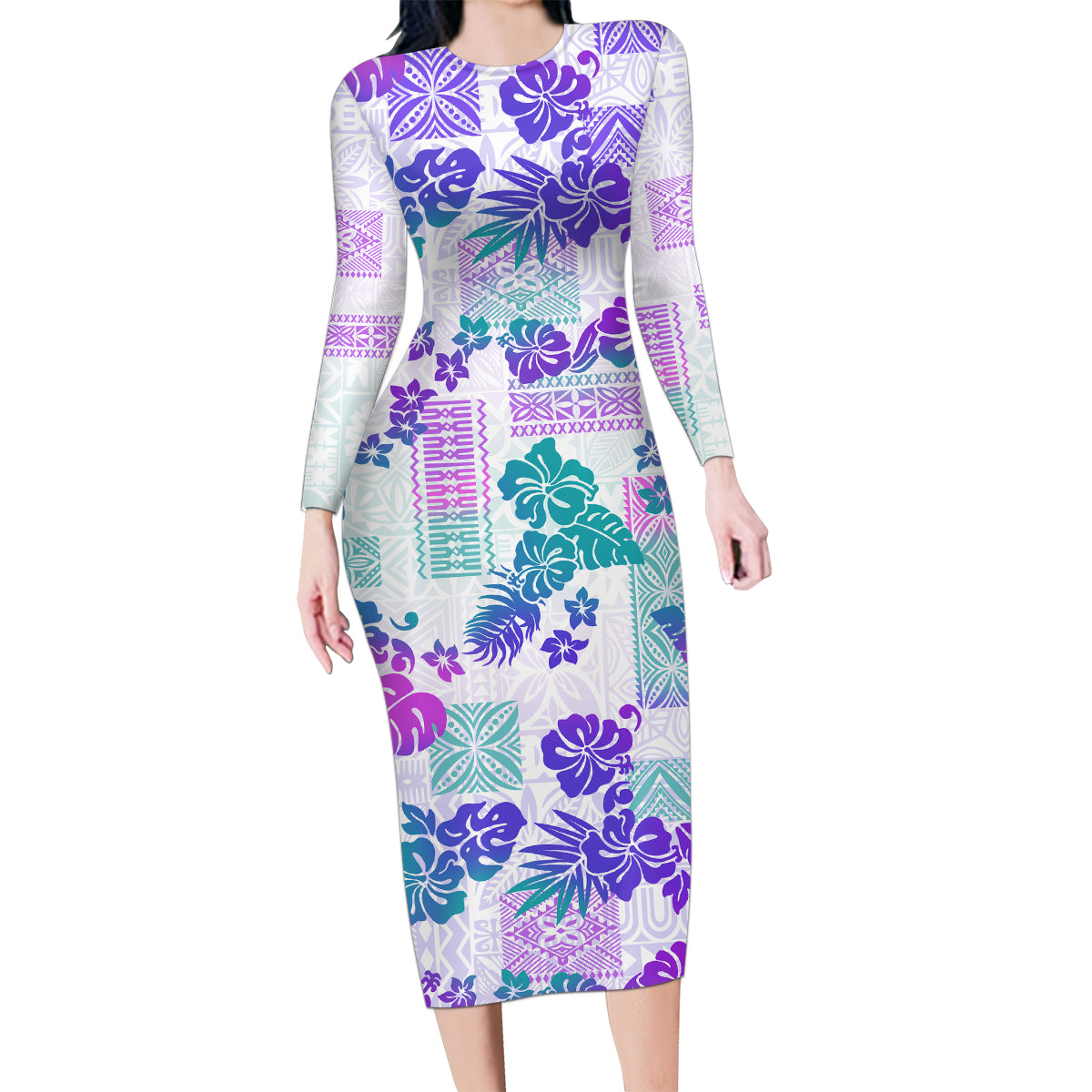 Vintage Hawaii Family Matching Long Sleeve Bodycon Dress and Hawaiian Shirt Hibiscus Tapa Tribal With Hawaiian Quilt Pattern Purple LT9 Mom's Dress Purple - Polynesian Pride