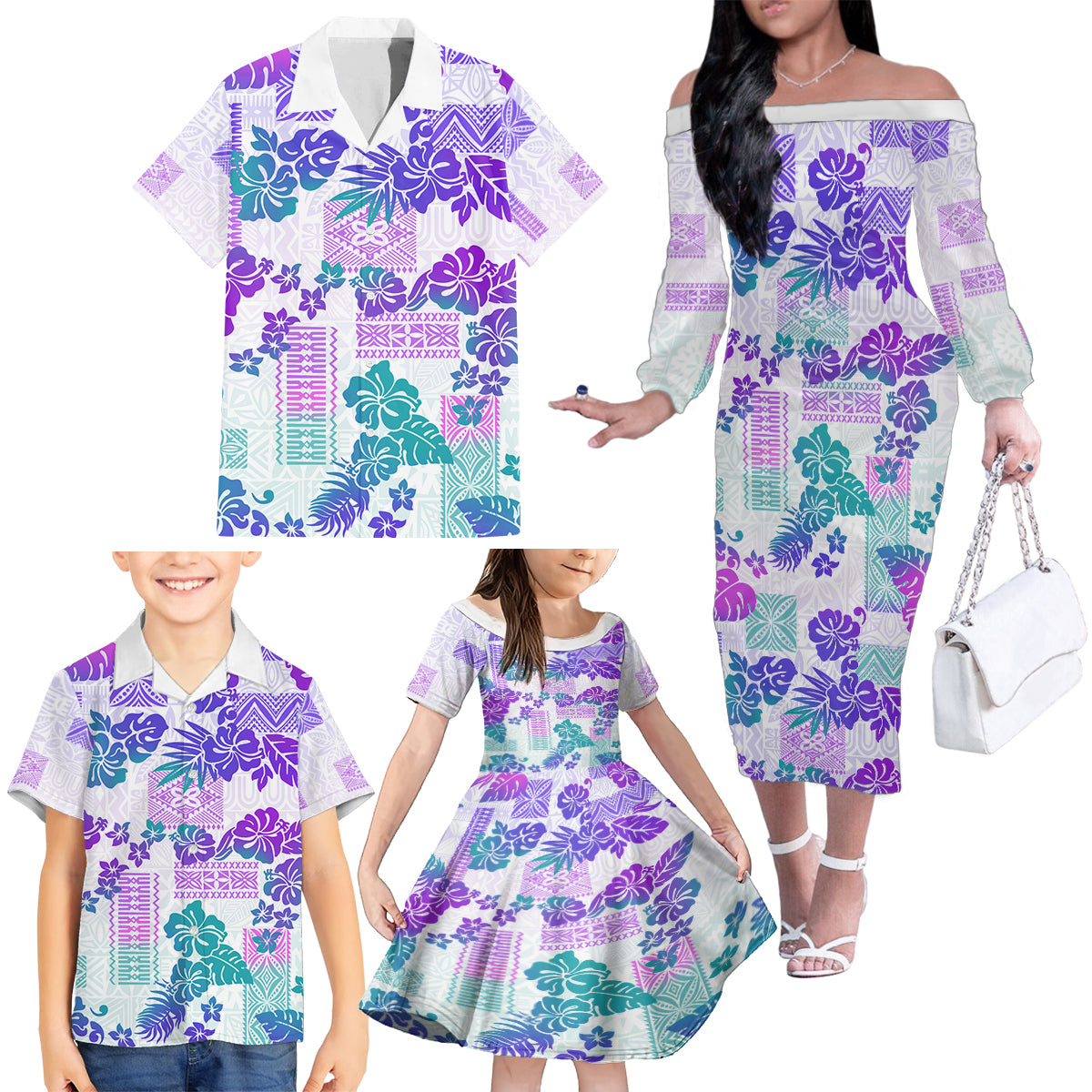 Vintage Hawaii Family Matching Off Shoulder Long Sleeve Dress and Hawaiian Shirt Hibiscus Tapa Tribal With Hawaiian Quilt Pattern Purple LT9 - Polynesian Pride