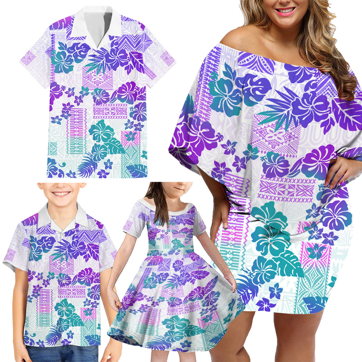 Vintage Hawaii Family Matching Off Shoulder Short Dress and Hawaiian Shirt Hibiscus Tapa Tribal With Hawaiian Quilt Pattern Purple LT9 - Polynesian Pride