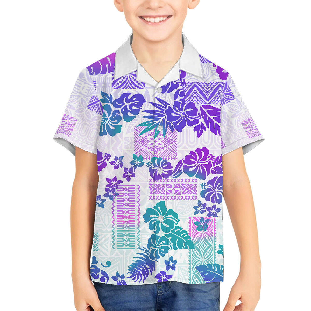 Vintage Hawaii Family Matching Puletasi Dress and Hawaiian Shirt Hibiscus Tapa Tribal With Hawaiian Quilt Pattern Purple LT9 Son's Shirt Purple - Polynesian Pride