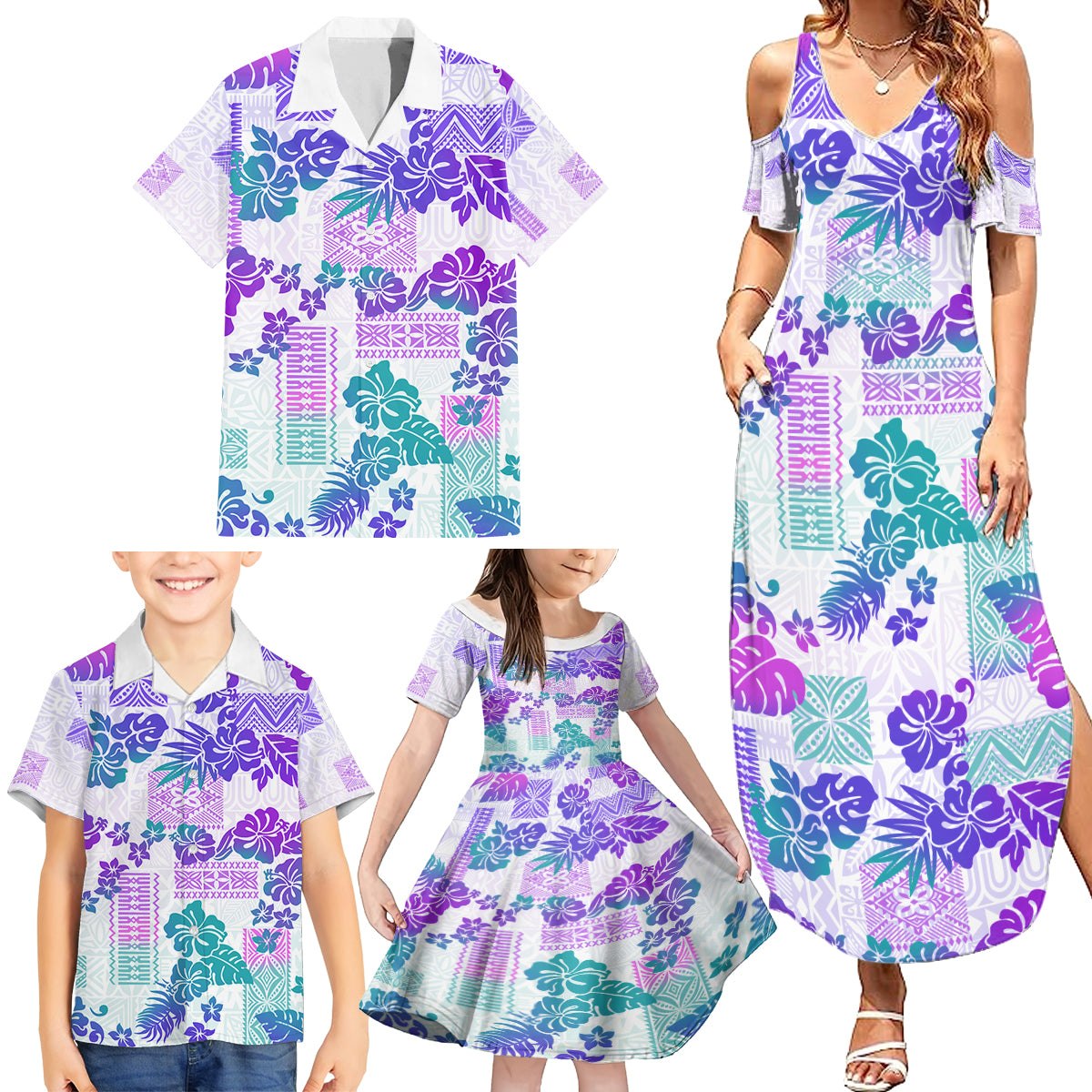 Vintage Hawaii Family Matching Summer Maxi Dress and Hawaiian Shirt Hibiscus Tapa Tribal With Hawaiian Quilt Pattern Purple LT9 - Polynesian Pride