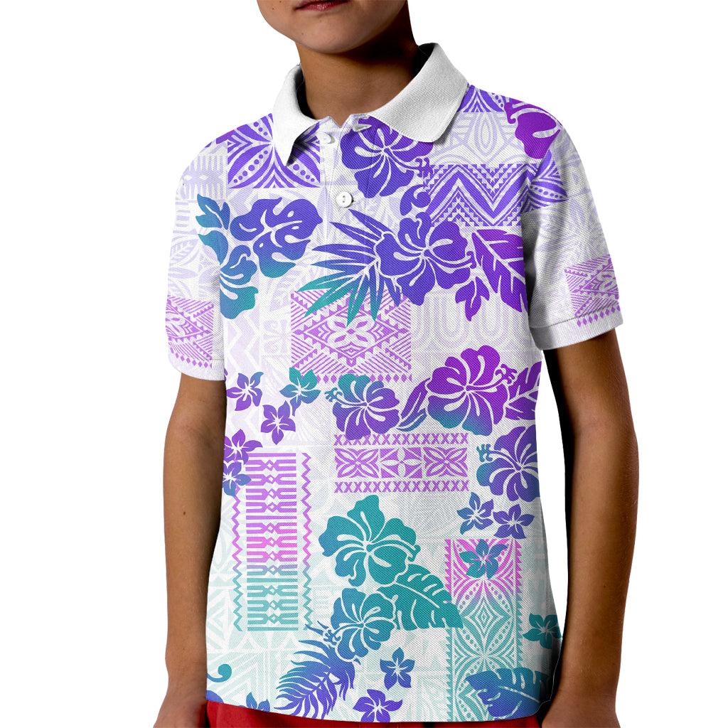 Vintage Hawaii Kid Polo Shirt Hibiscus Tapa Tribal With Hawaiian Quilt Pattern Purple LT9 Kid Purple - Polynesian Pride