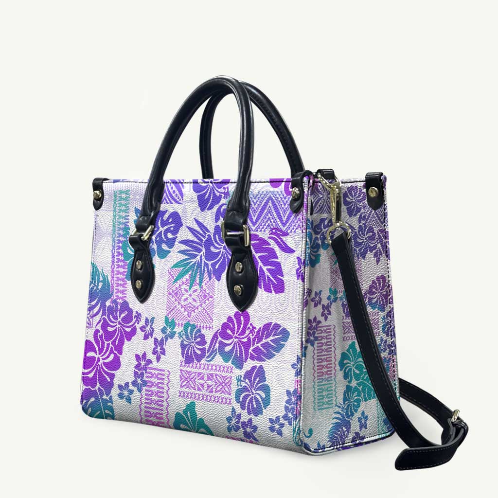 Vintage Hawaii Leather Bag Hibiscus Tapa Tribal With Hawaiian Quilt Pattern Purple - Polynesian Pride