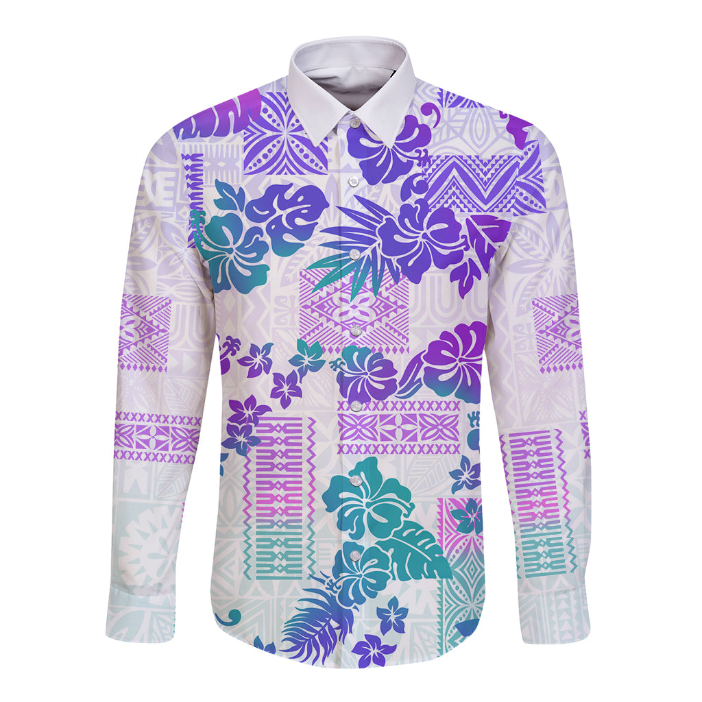 Vintage Hawaii Long Sleeve Button Shirt Hibiscus Tapa Tribal With Hawaiian Quilt Pattern Purple LT9 Unisex Purple - Polynesian Pride