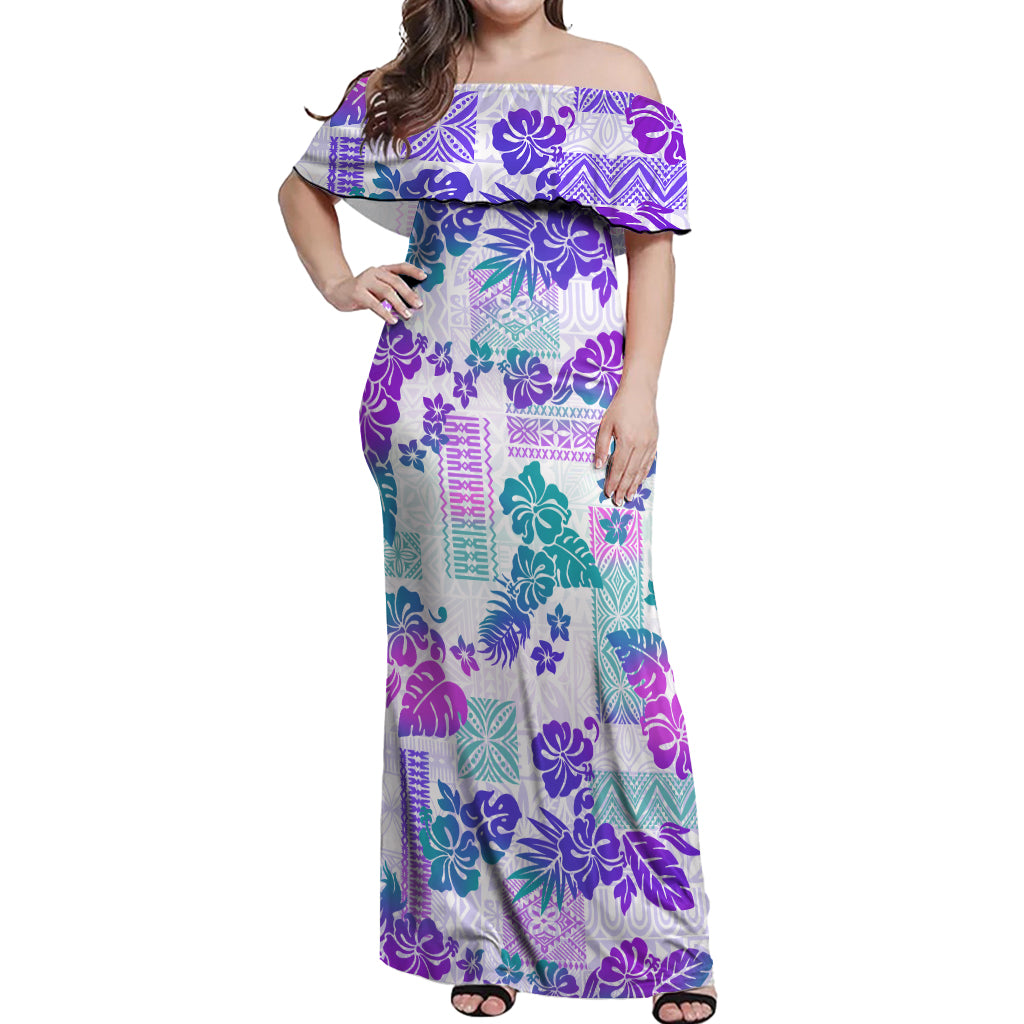 Vintage Hawaii Off Shoulder Maxi Dress Hibiscus Tapa Tribal With Hawaiian Quilt Pattern Purple LT9 Women Purple - Polynesian Pride