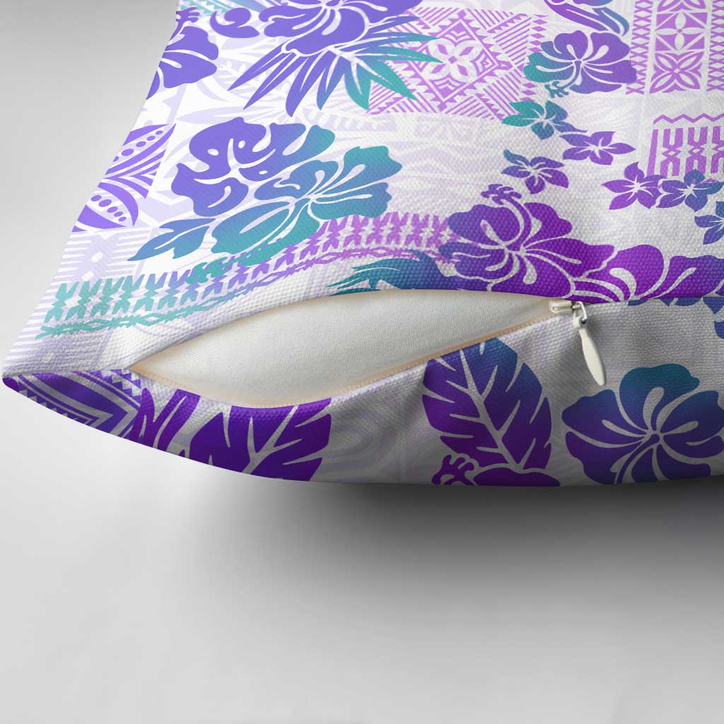 Vintage Hawaii Pillow Cover Hibiscus Tapa Tribal With Hawaiian Quilt Pattern Purple - Polynesian Pride