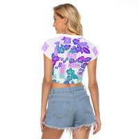 Vintage Hawaii Raglan Cropped T Shirt Hibiscus Tapa Tribal With Hawaiian Quilt Pattern Purple LT9 - Polynesian Pride