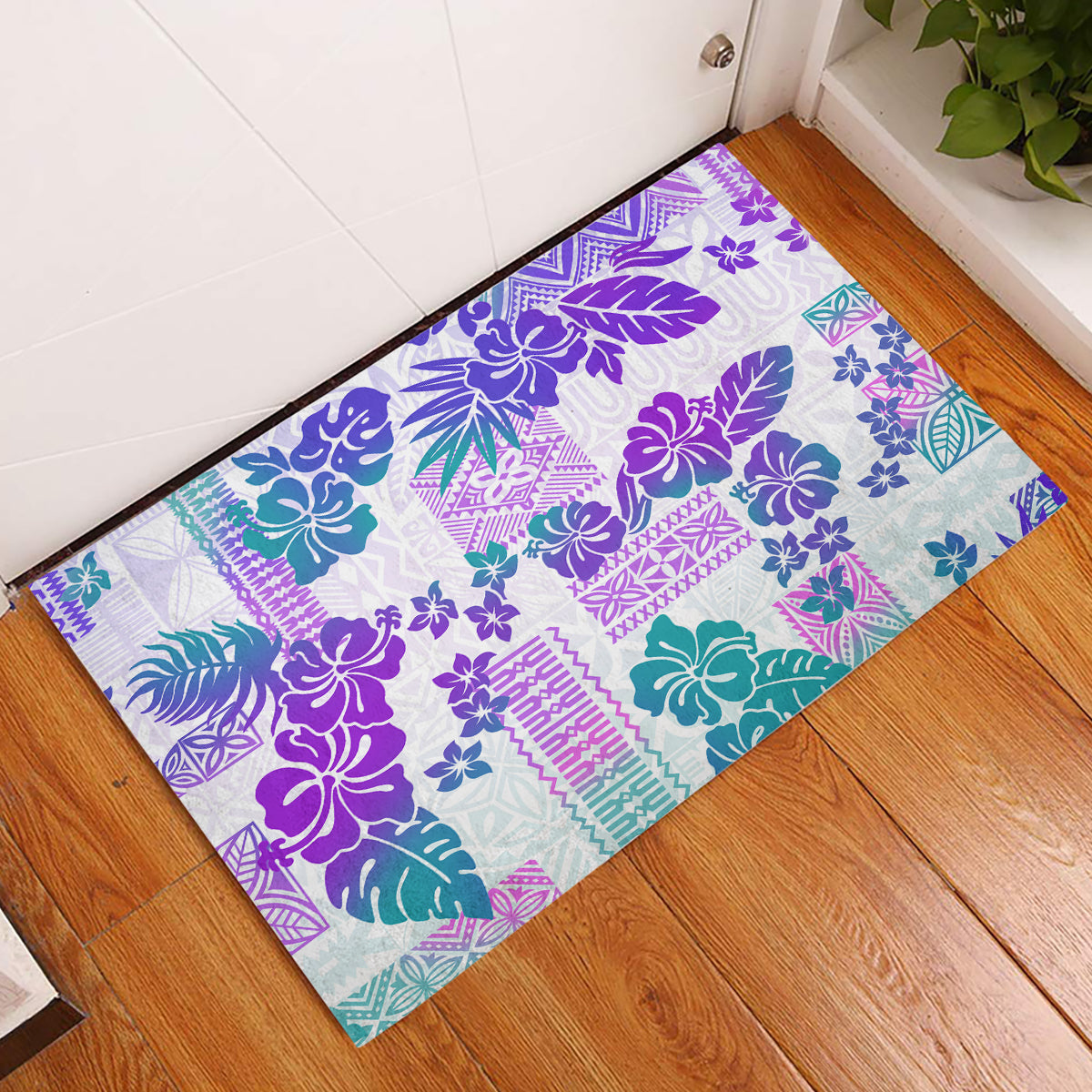 Vintage Hawaii Rubber Doormat Hibiscus Tapa Tribal With Hawaiian Quilt Pattern Purple LT9 Purple - Polynesian Pride