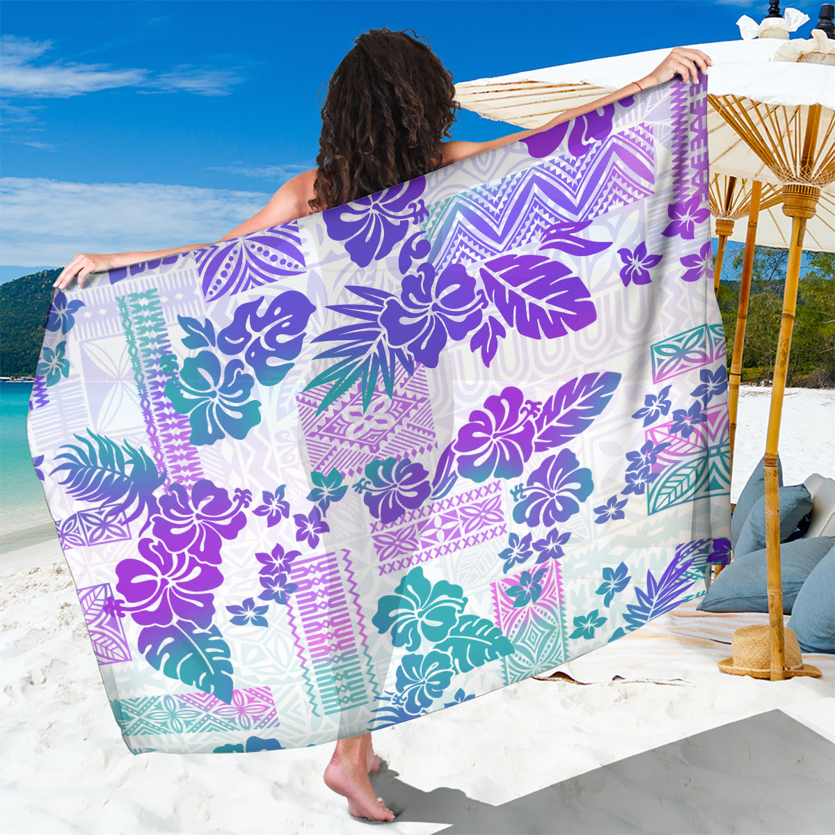 Vintage Hawaii Sarong Hibiscus Tapa Tribal With Hawaiian Quilt Pattern Purple LT9 One Size 44 x 66 inches Purple - Polynesian Pride