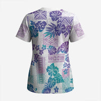 Vintage Hawaii Scrub Top Hibiscus Tapa Tribal With Hawaiian Quilt Pattern Purple - Polynesian Pride