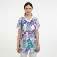 Vintage Hawaii Scrub Top Hibiscus Tapa Tribal With Hawaiian Quilt Pattern Purple - Polynesian Pride