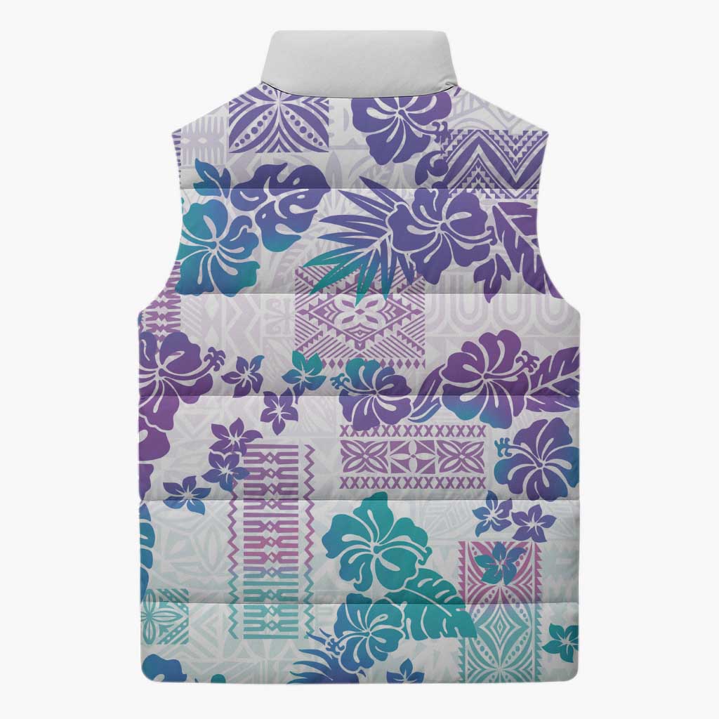 Vintage Hawaii Sleeveless Puffer Jacket Hibiscus Tapa Tribal With Hawaiian Quilt Pattern Purple - Polynesian Pride