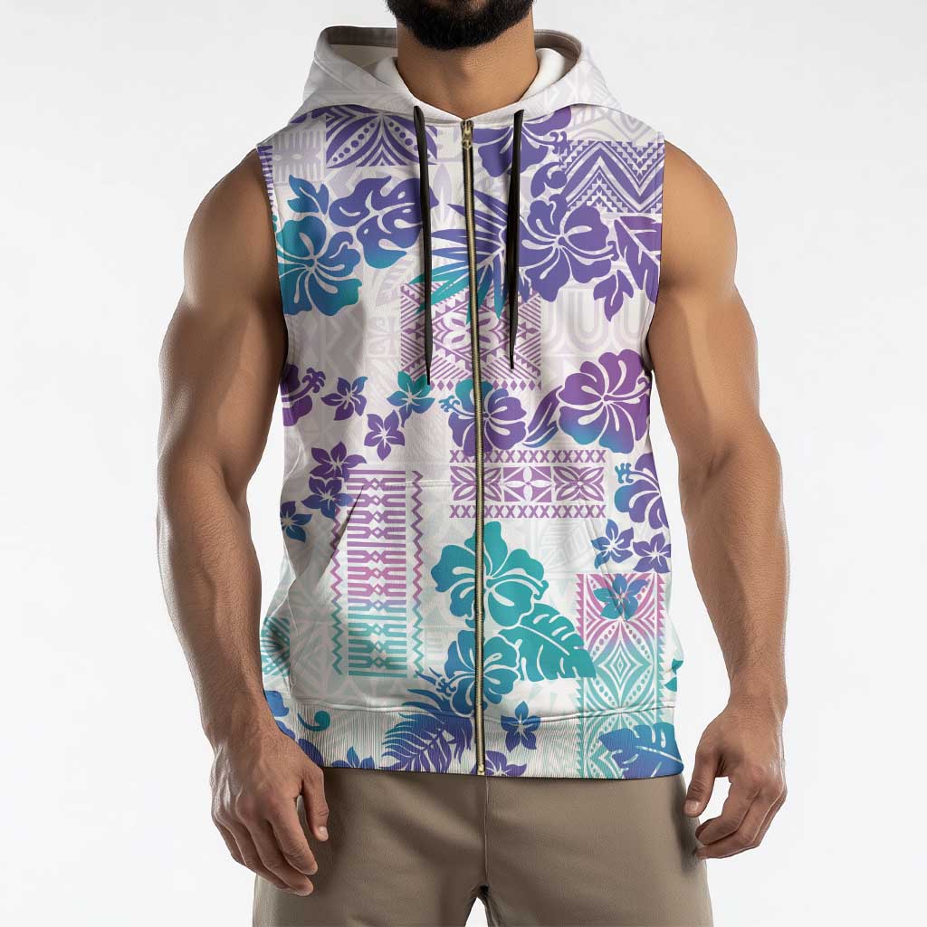 Vintage Hawaii Sleeveless Zip Hoodie Hibiscus Tapa Tribal With Hawaiian Quilt Pattern Purple - Polynesian Pride