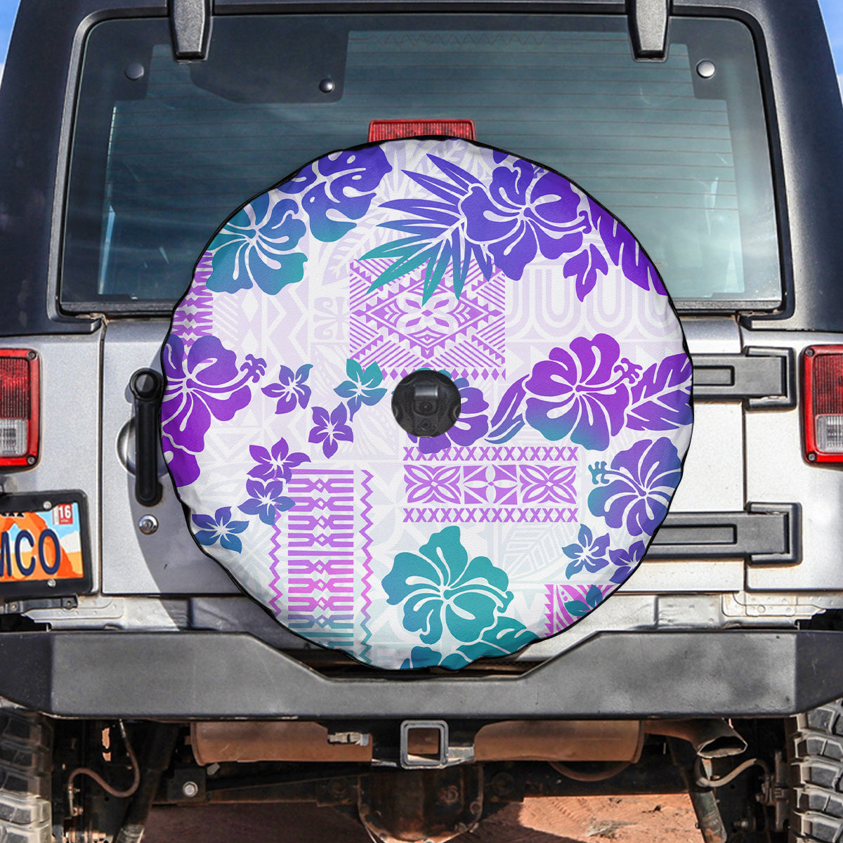 Vintage Hawaii Spare Tire Cover Hibiscus Tapa Tribal With Hawaiian Quilt Pattern Purple LT9 - Polynesian Pride