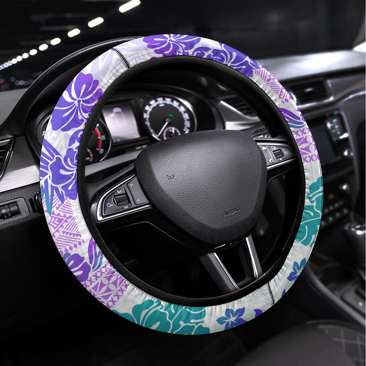 Vintage Hawaii Steering Wheel Cover Hibiscus Tapa Tribal With Hawaiian Quilt Pattern Purple