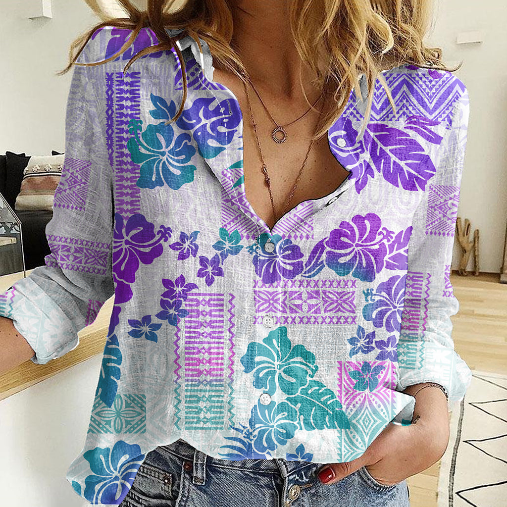 Vintage Hawaii Women Casual Shirt Hibiscus Tapa Tribal With Hawaiian Quilt Pattern Purple LT9 Female Purple - Polynesian Pride