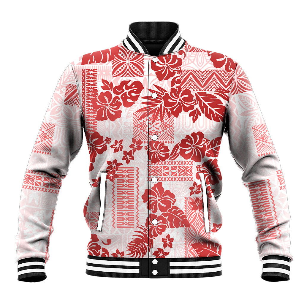 Vintage Hawaii Baseball Jacket Hibiscus Tapa Tribal With Hawaiian Quilt Pattern Red LT9 Unisex Red - Polynesian Pride