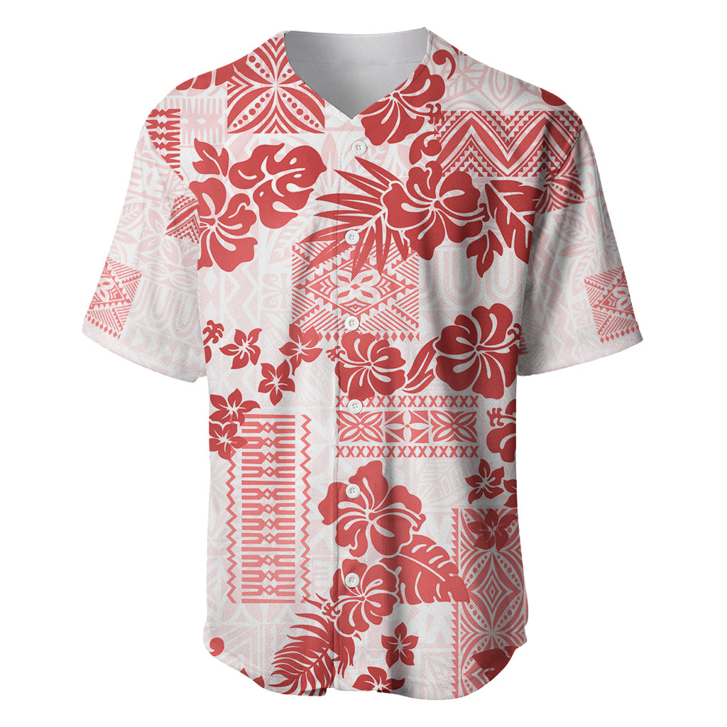 Vintage Hawaii Baseball Jersey Hibiscus Tapa Tribal With Hawaiian Quilt Pattern Red LT9 Red - Polynesian Pride