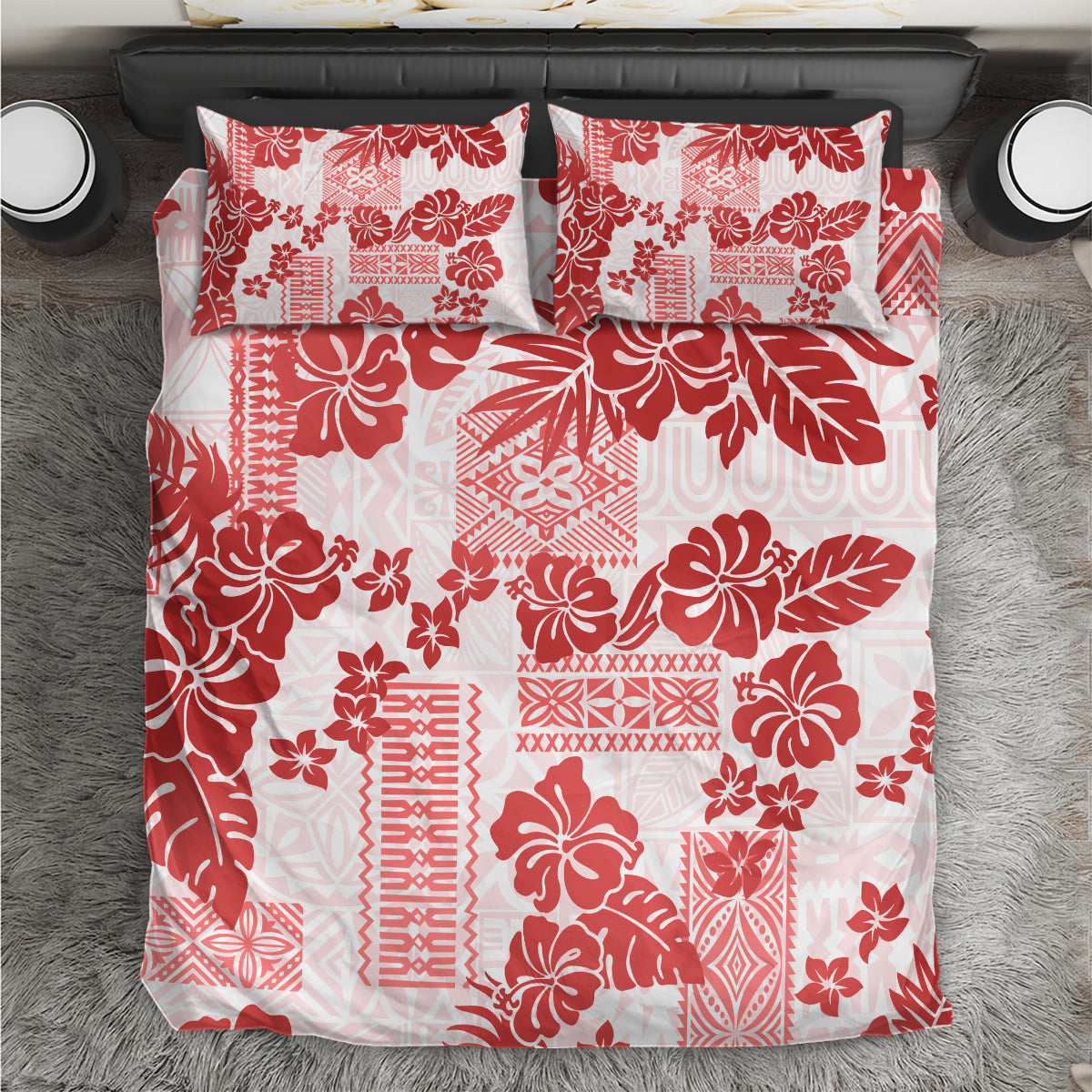 Vintage Hawaii Bedding Set Hibiscus Tapa Tribal With Hawaiian Quilt Pattern Red LT9 Red - Polynesian Pride