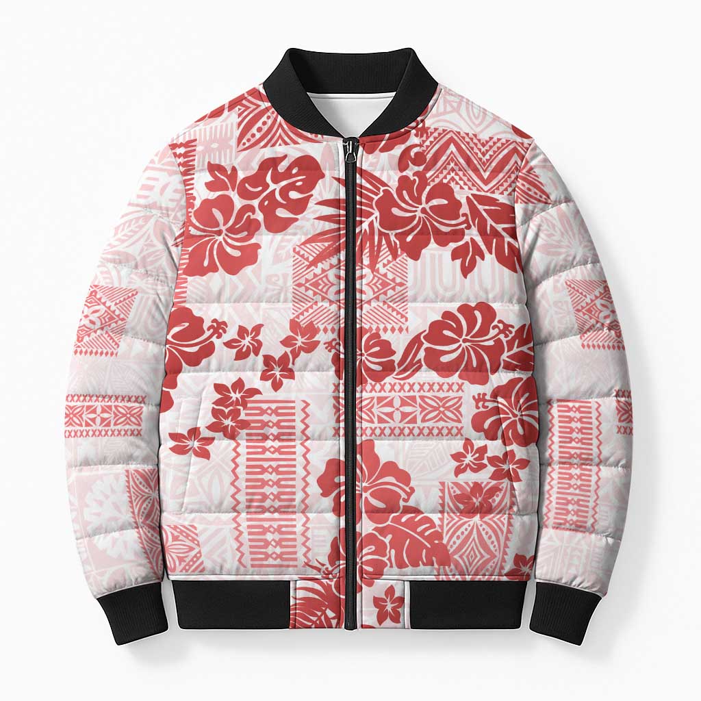 Vintage Hawaii Bomber Puffer Jacket Hibiscus Tapa Tribal With Hawaiian Quilt Pattern Red - Polynesian Pride
